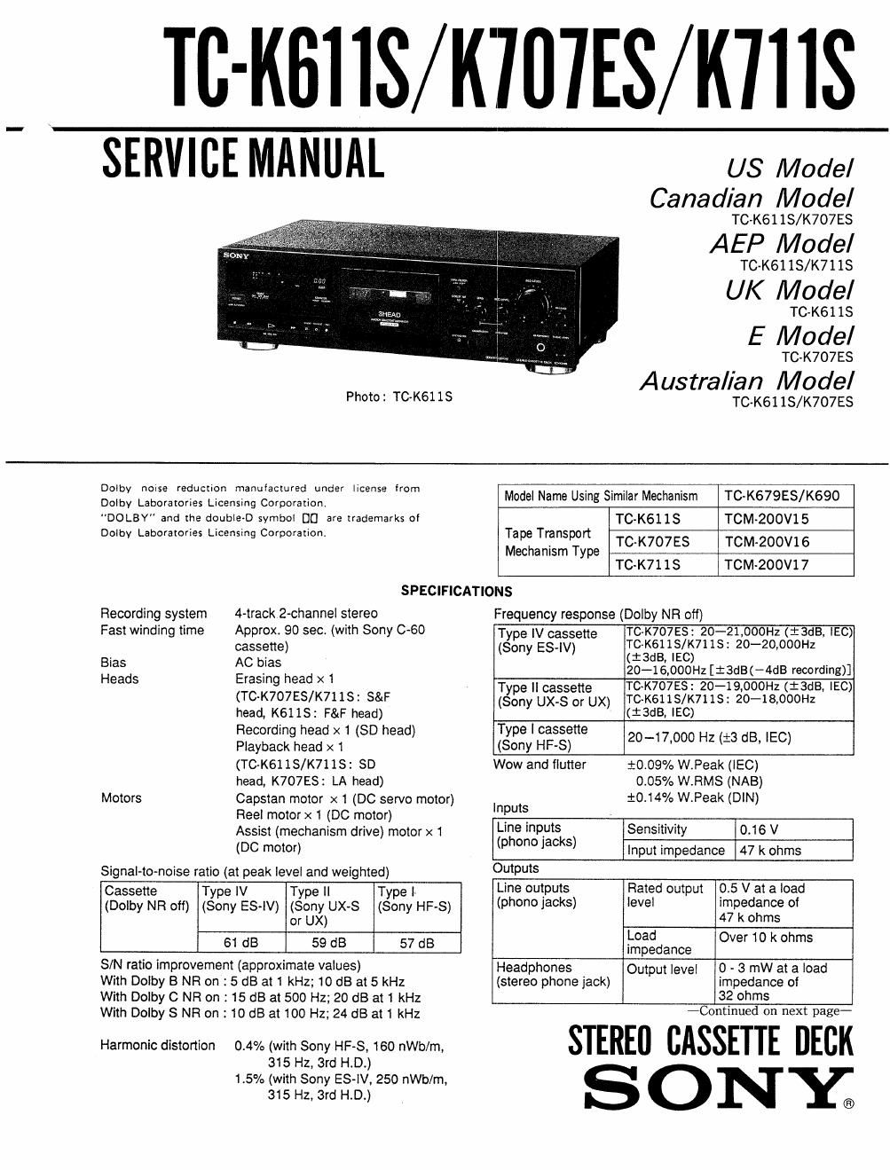 Sony TC K 611S Service Manual