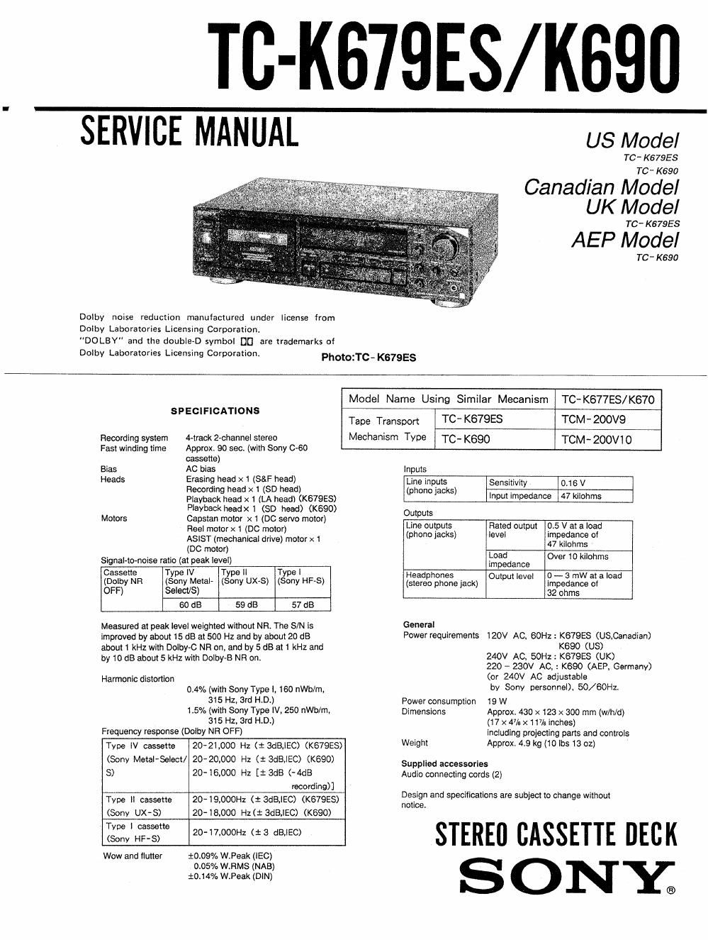 Sony TC K 679ES Service Manual