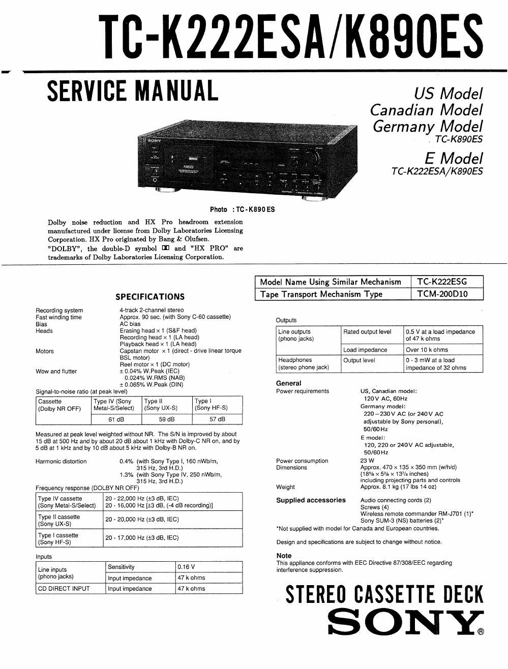 Sony TC K 890ES Service Manual