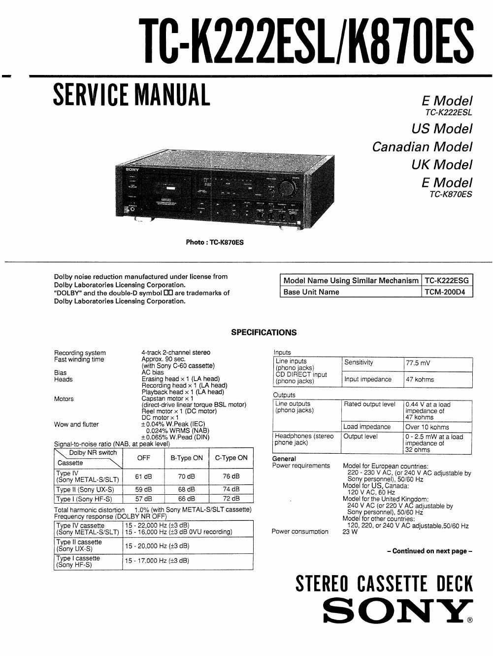 sony tc k 222 esl service manual