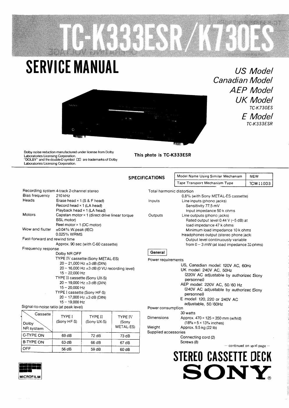 sony tc k 333 esr service manual