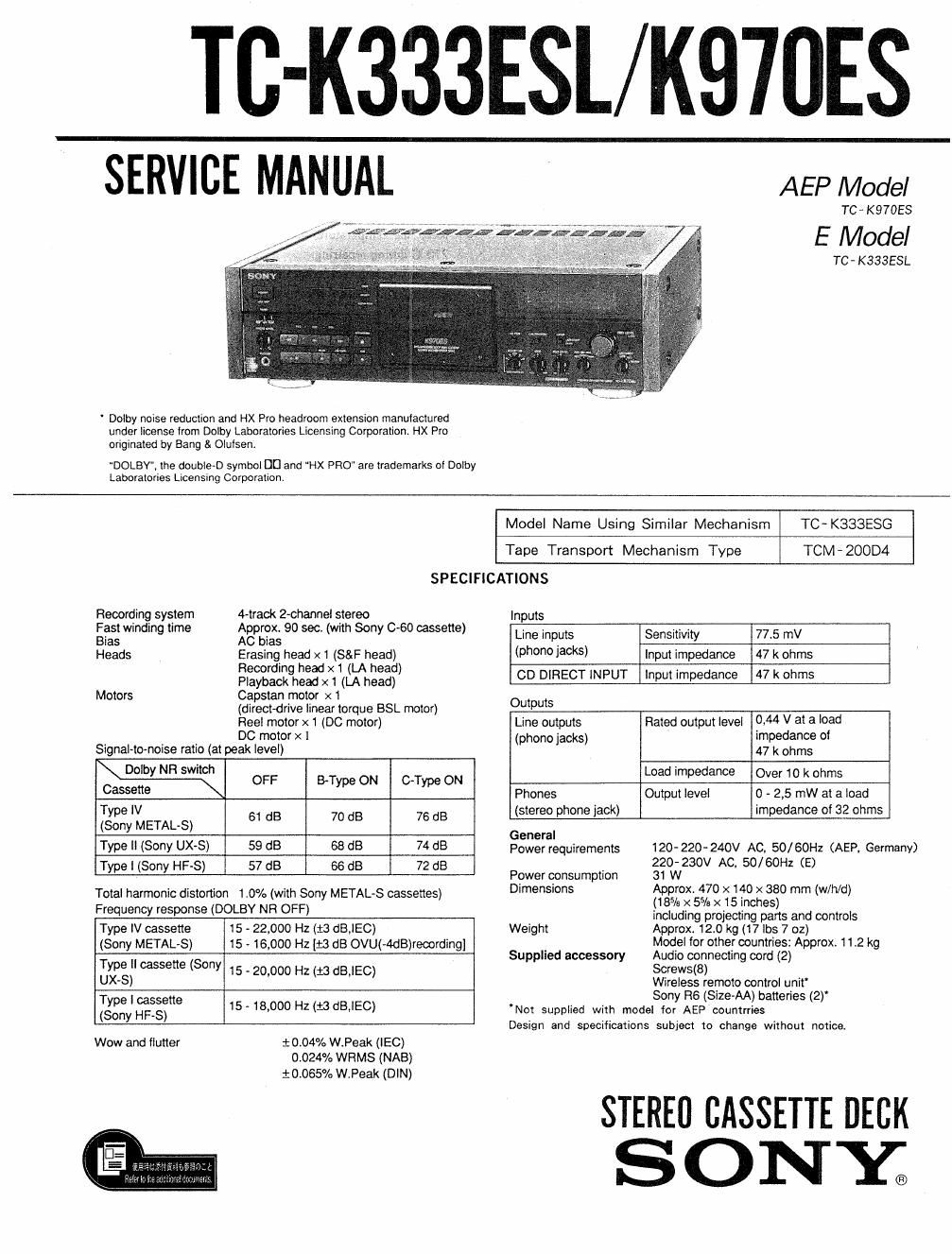 sony tc k 333esl k970es service