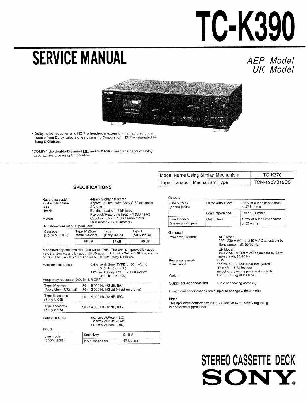 sony tc k 390 service manual