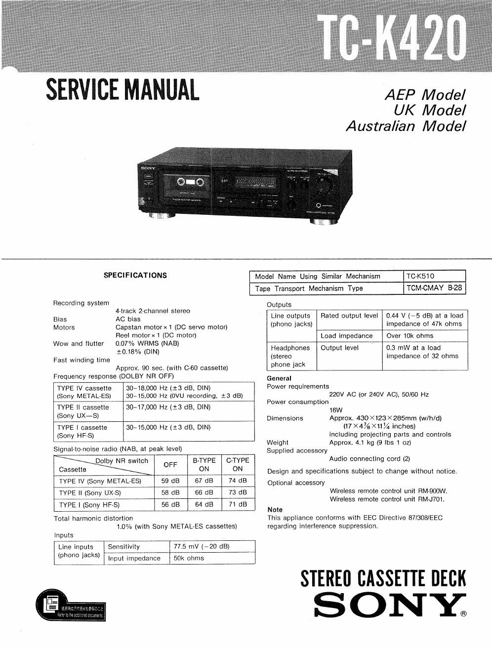sony tc k 420 service manual