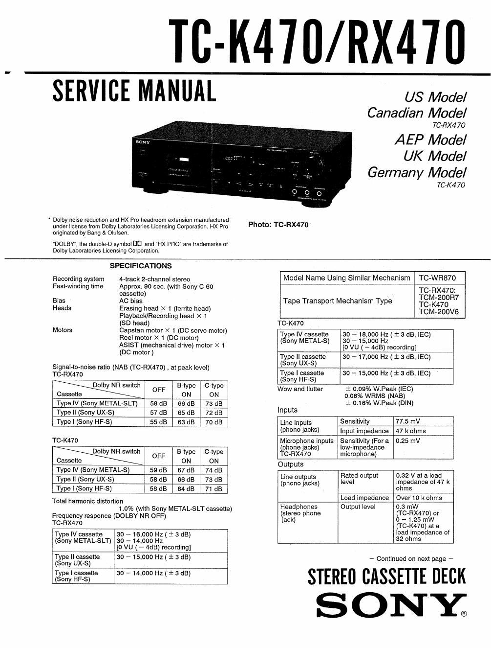 sony tc k 470 service manual