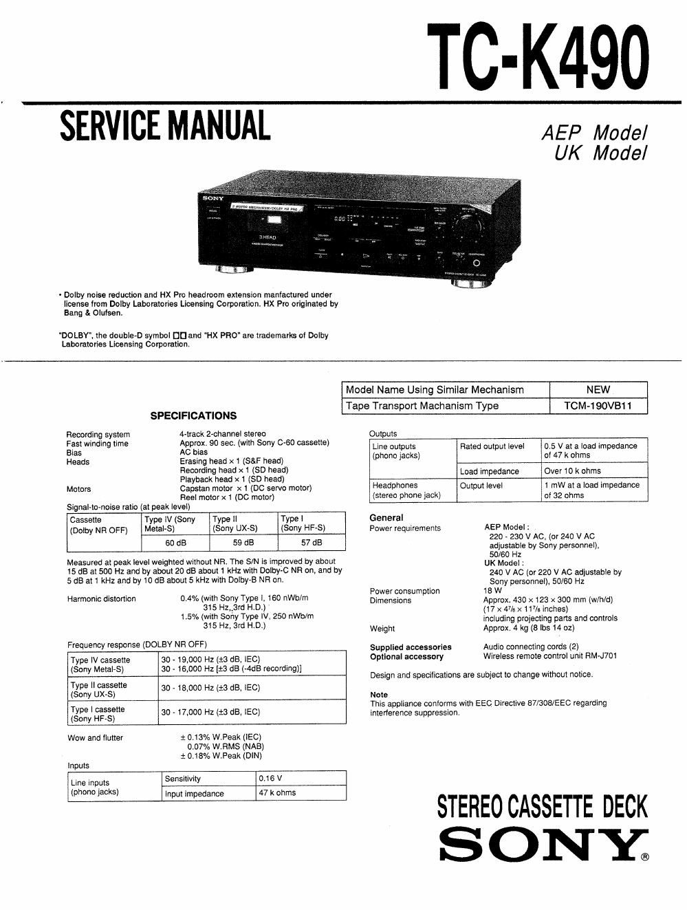 sony tc k 490 service manual