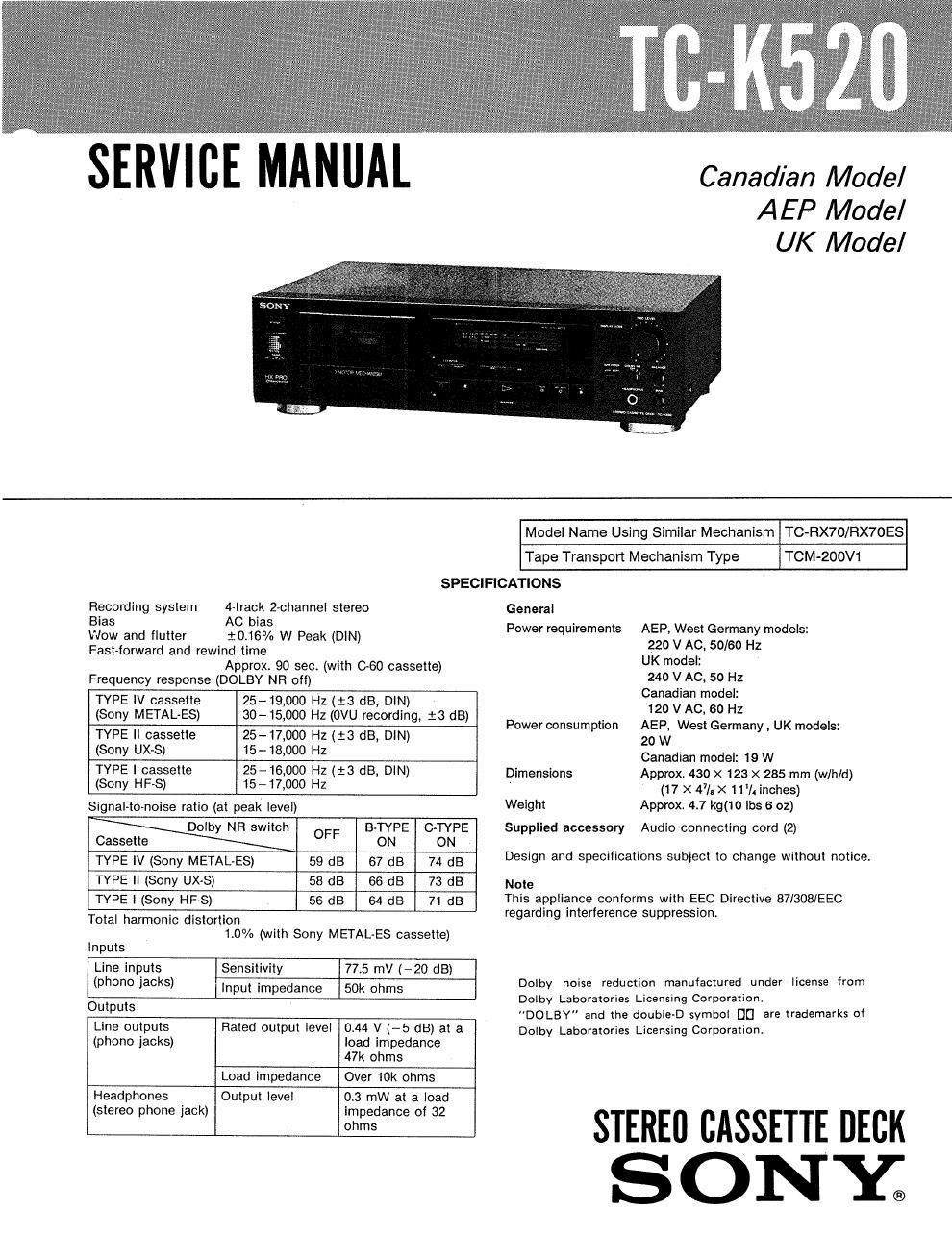 sony tc k 520 service manual