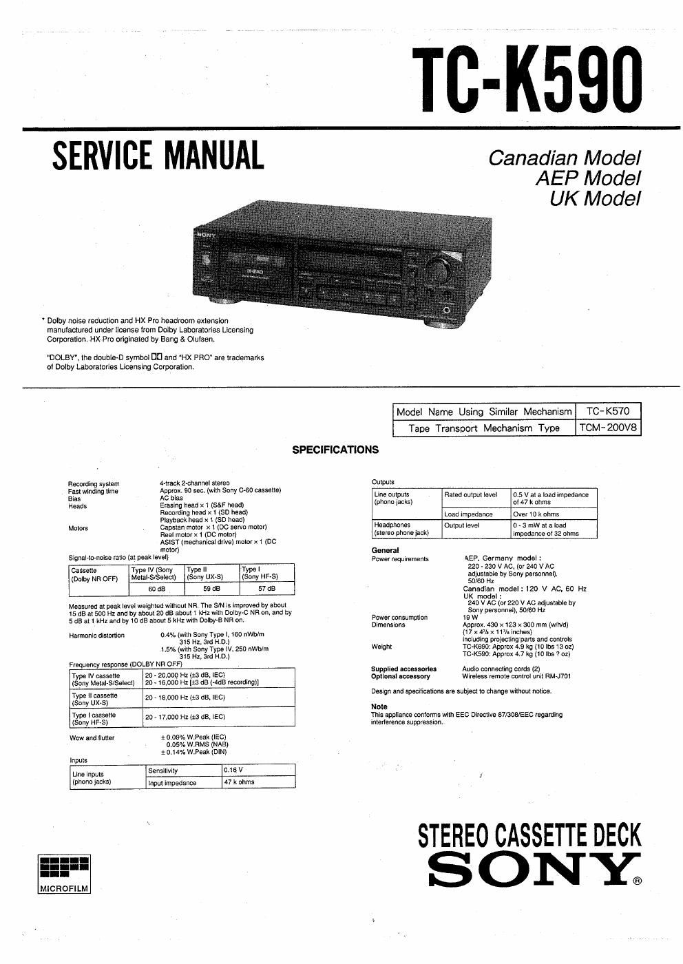 sony tc k 590 service manual