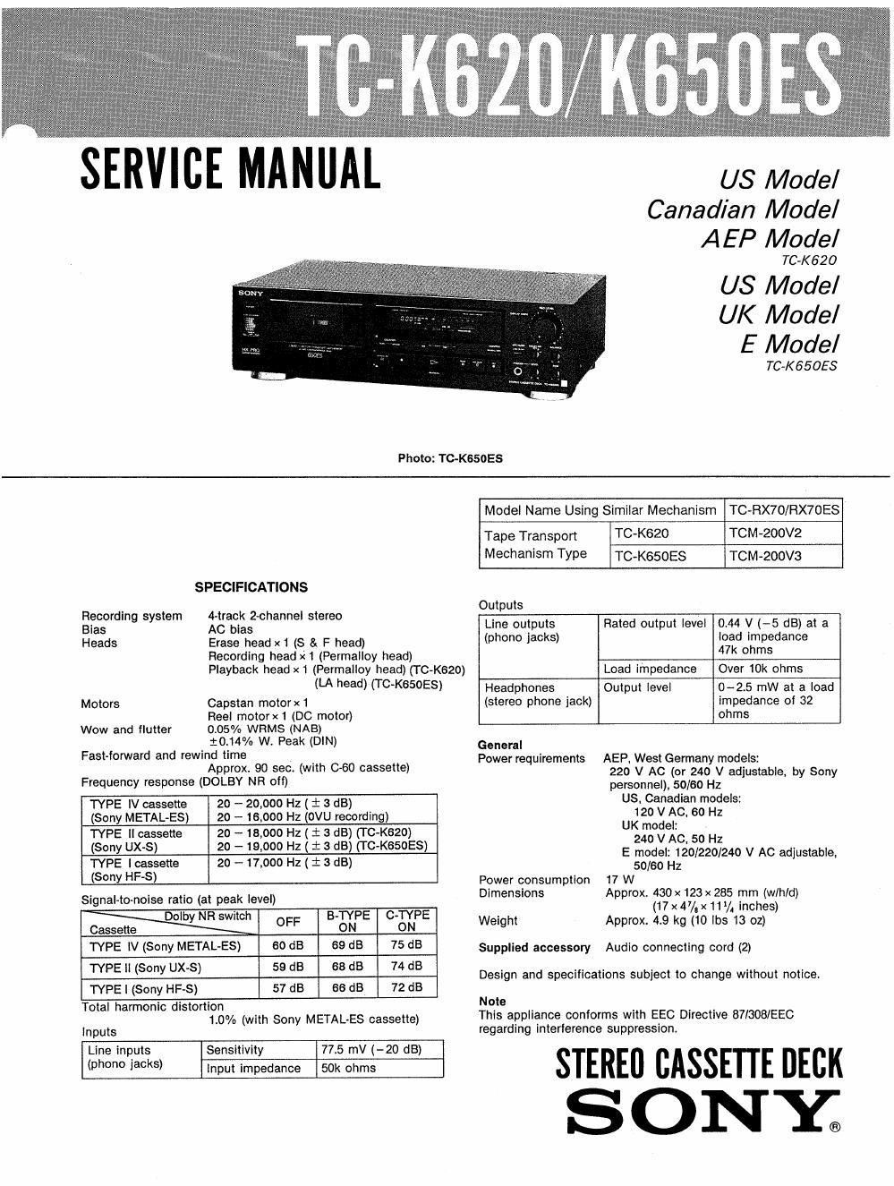 sony tc k 620 service manual