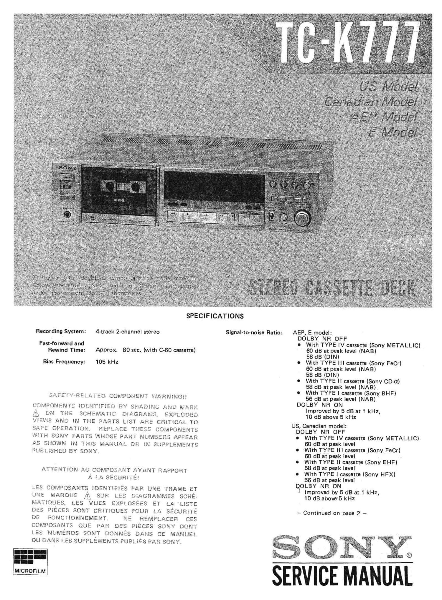 sony tc k 777 service manual