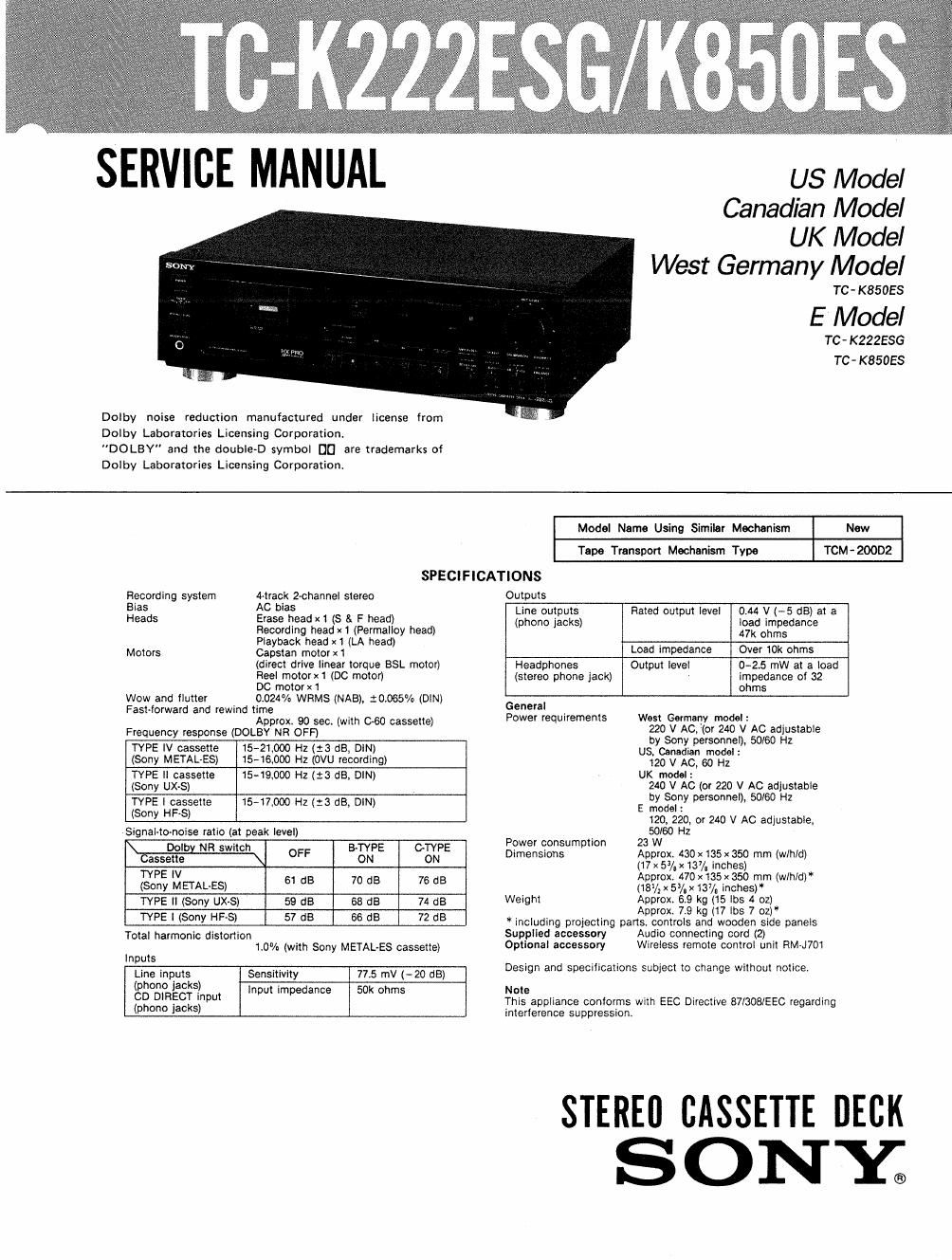 sony tc k 850 es service manual