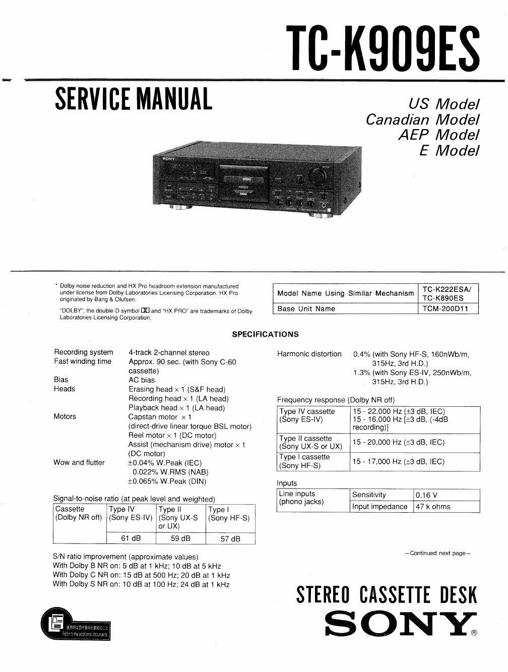 sony tc k 909 es service manual