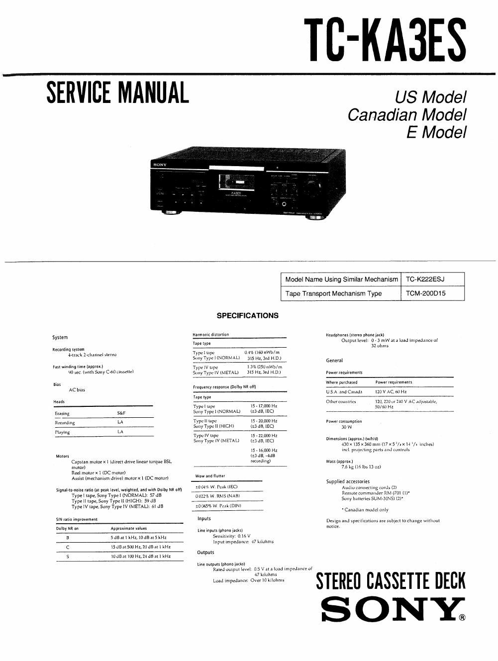 sony tc ka 3 es service manual