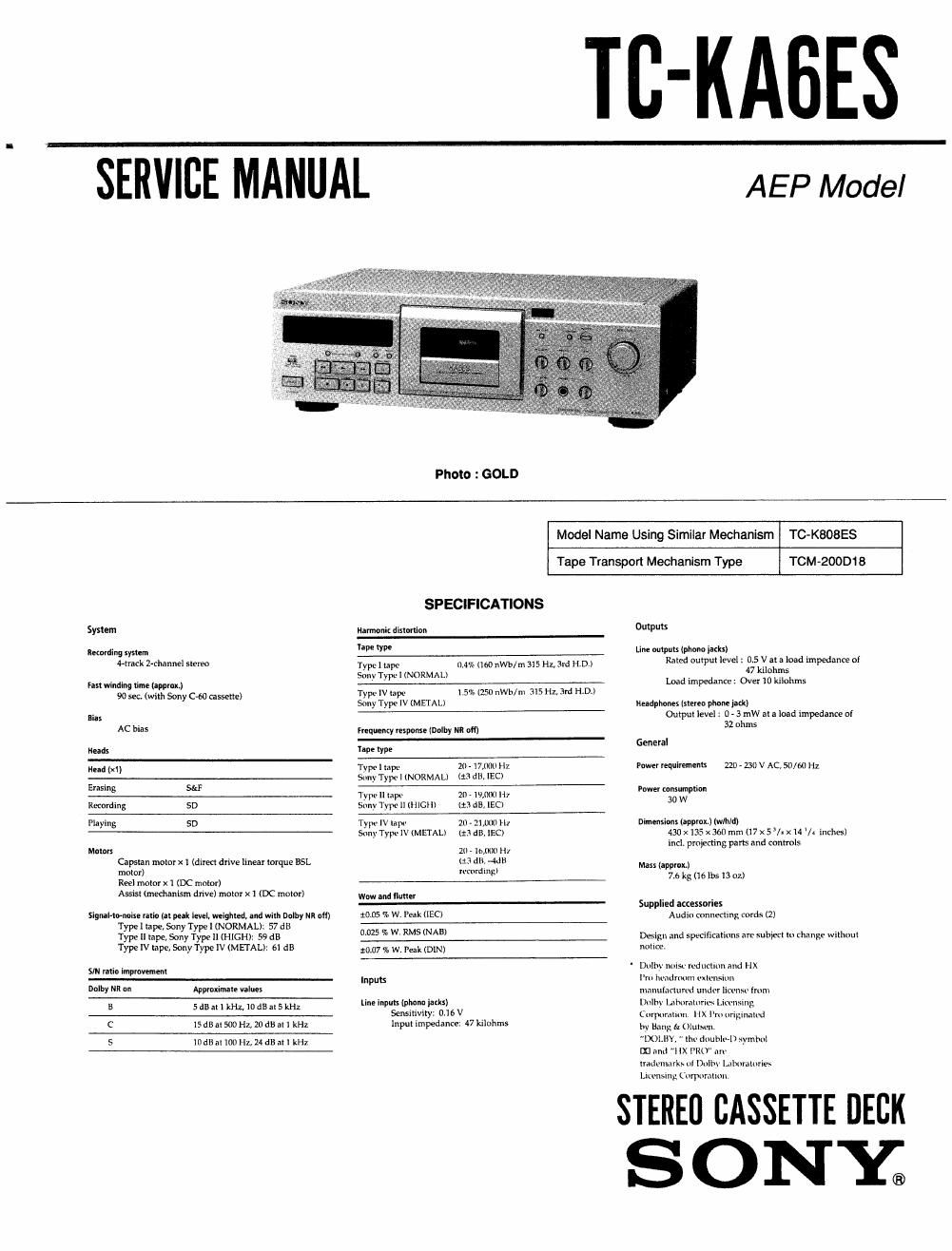 sony tc ka 6 es service manual