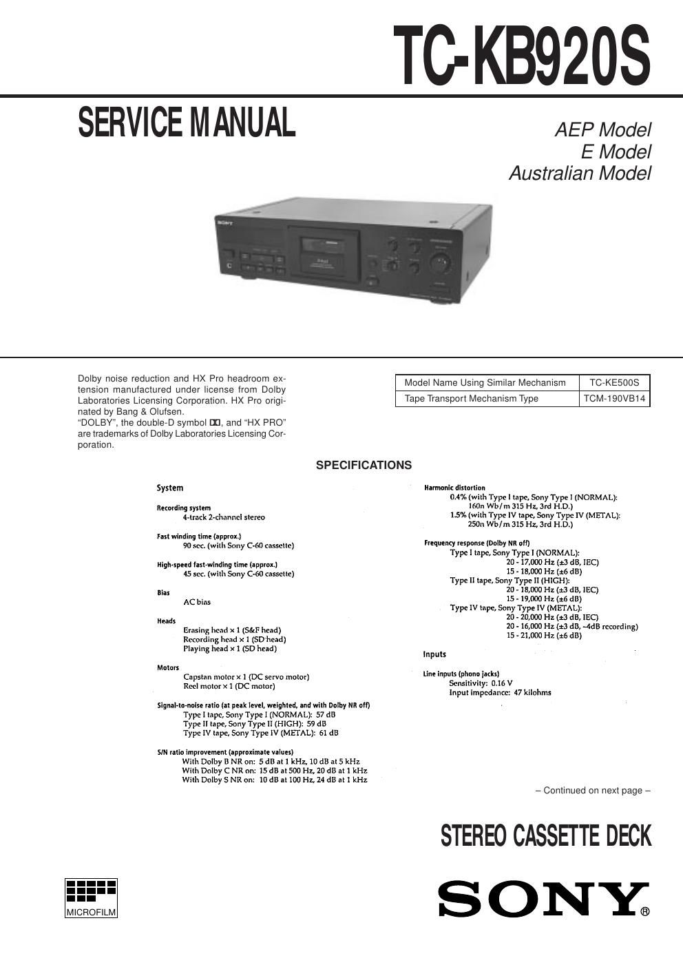 sony tc kb 920s service manual