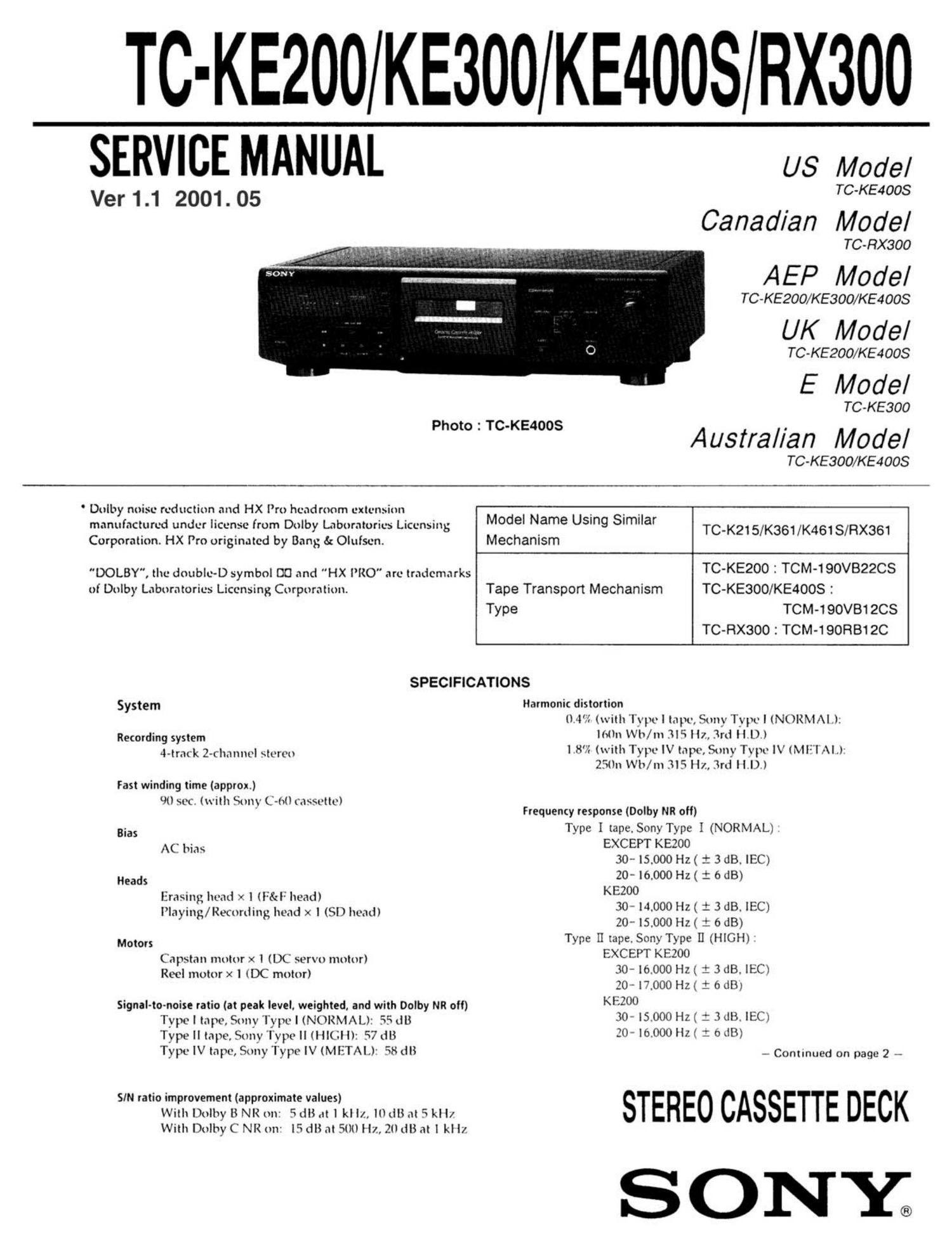 Sony TC RX 300 Service Manual