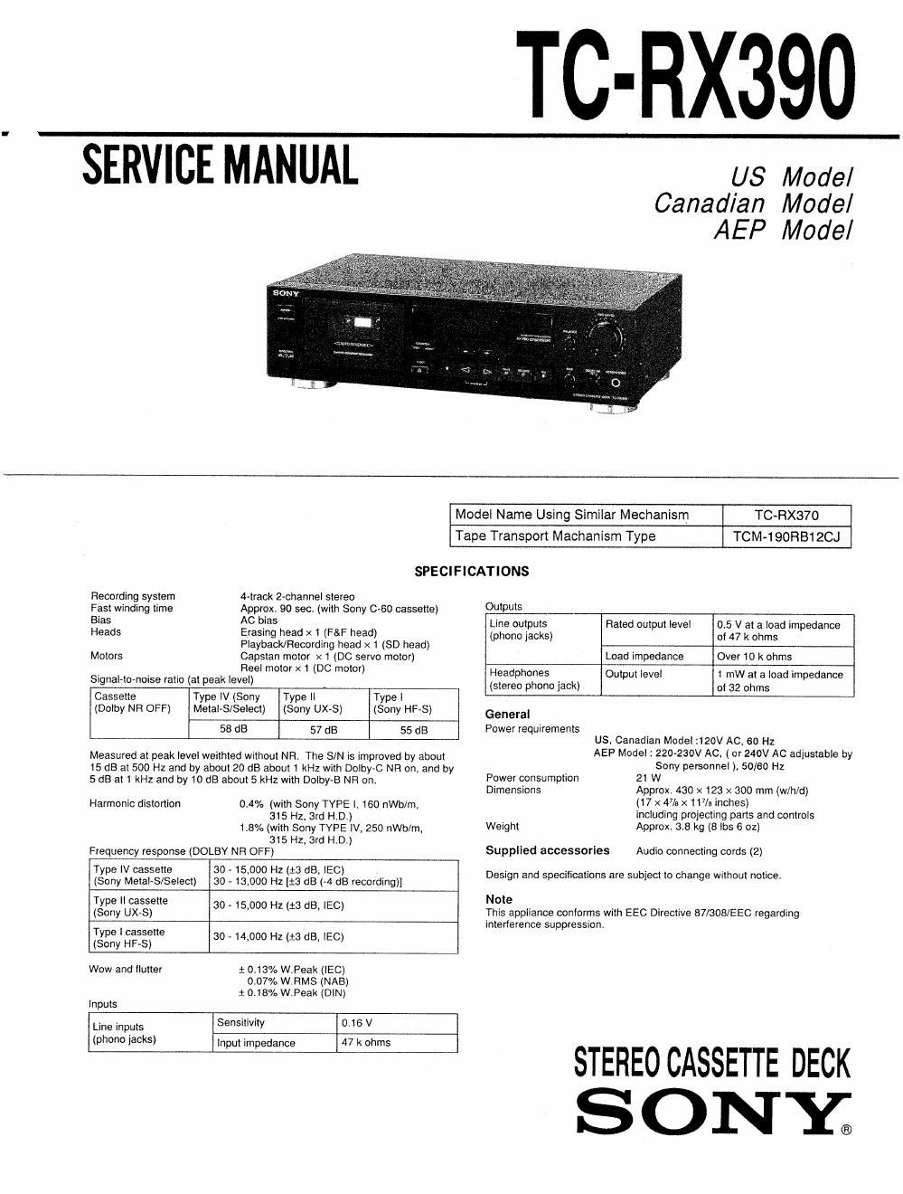 sony tc rx 390 service manual