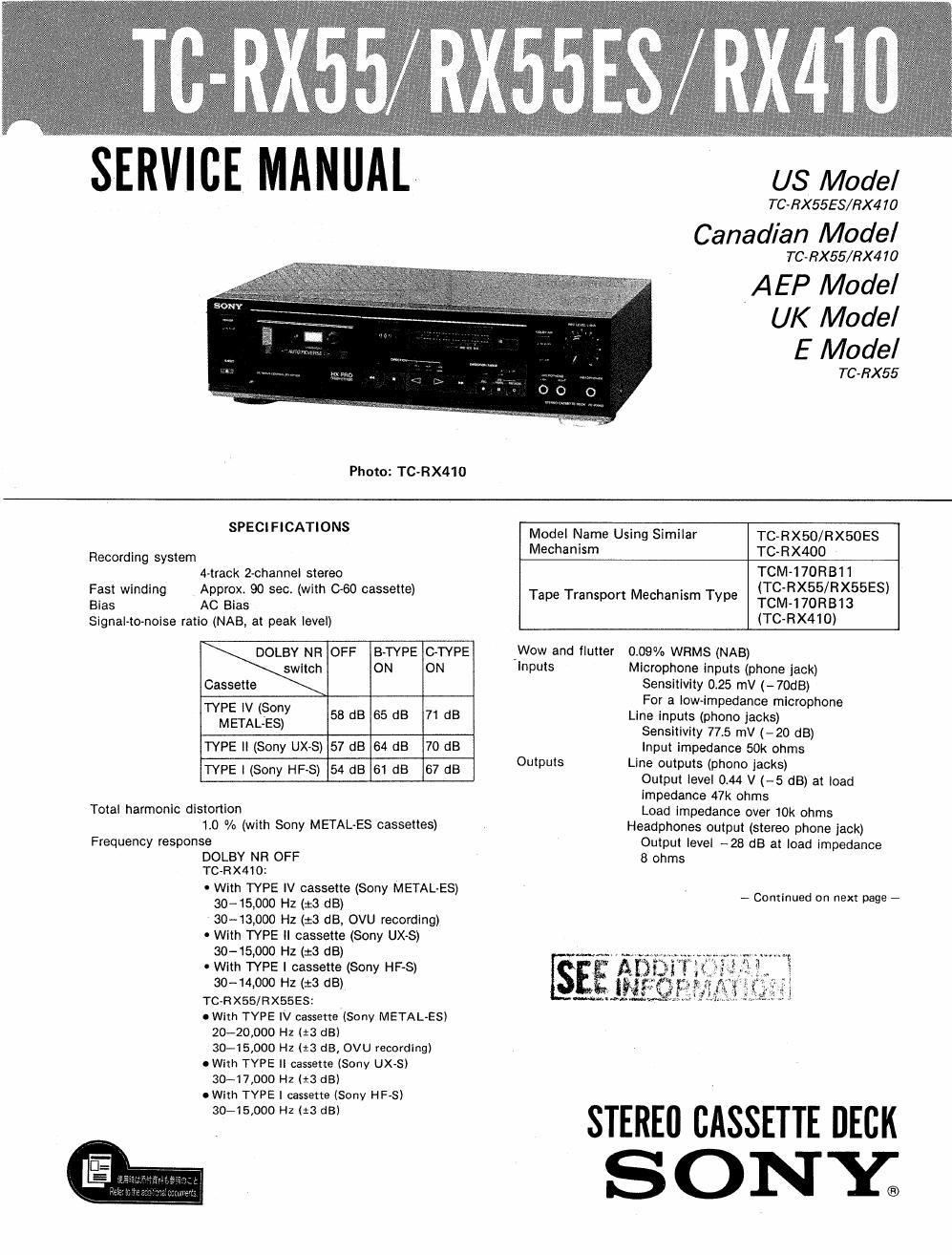 sony tc rx 410 service manual