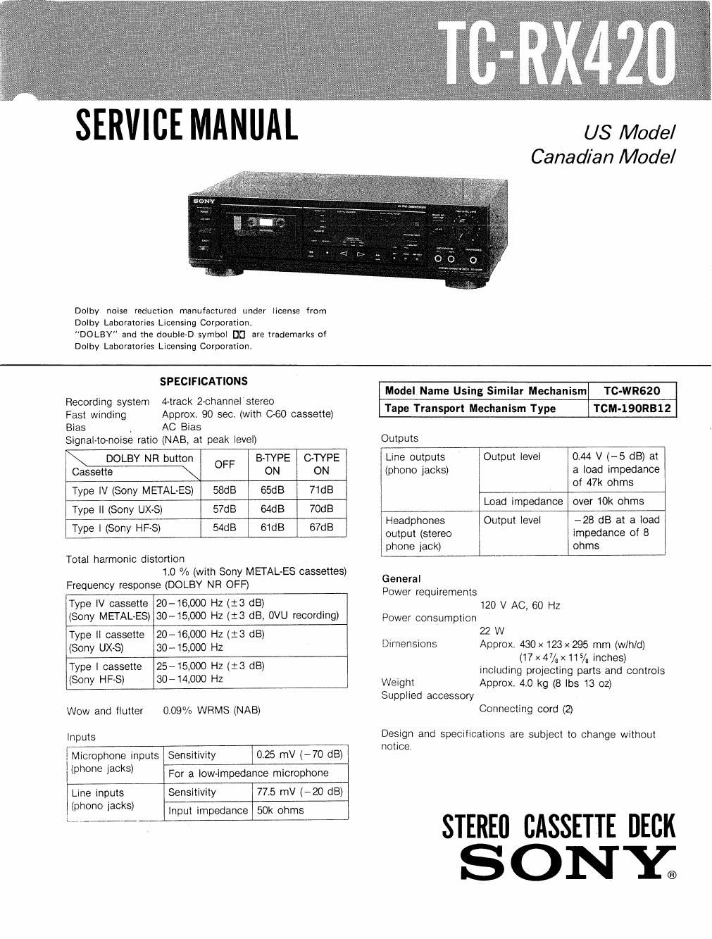 sony tc rx 420 service manual
