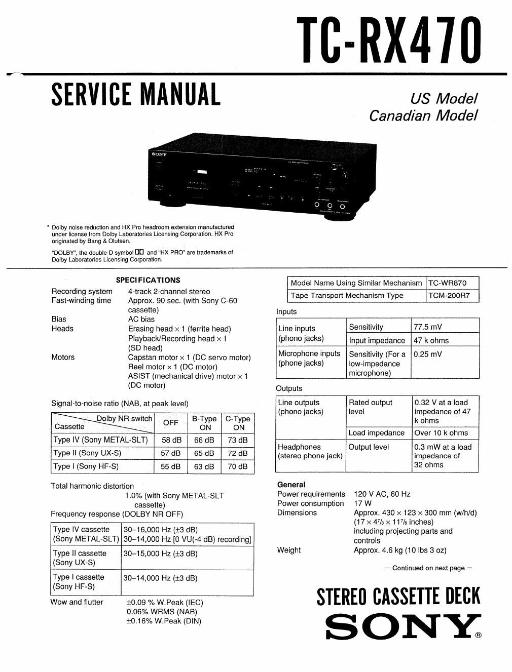 sony tc rx 470 service manual
