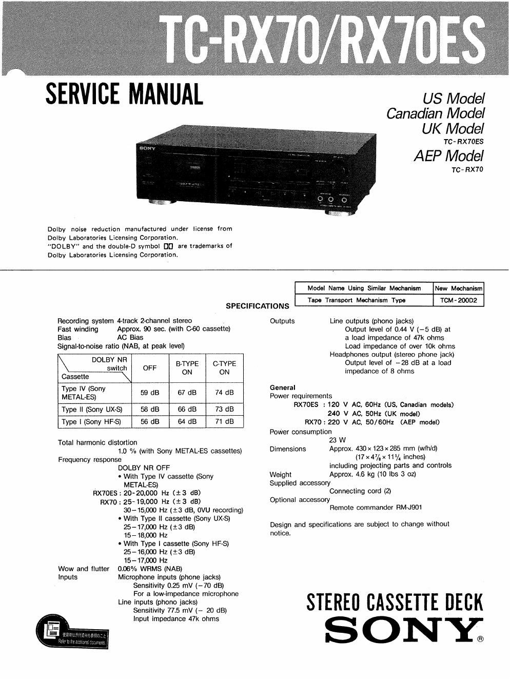 sony tc rx 70 service manual
