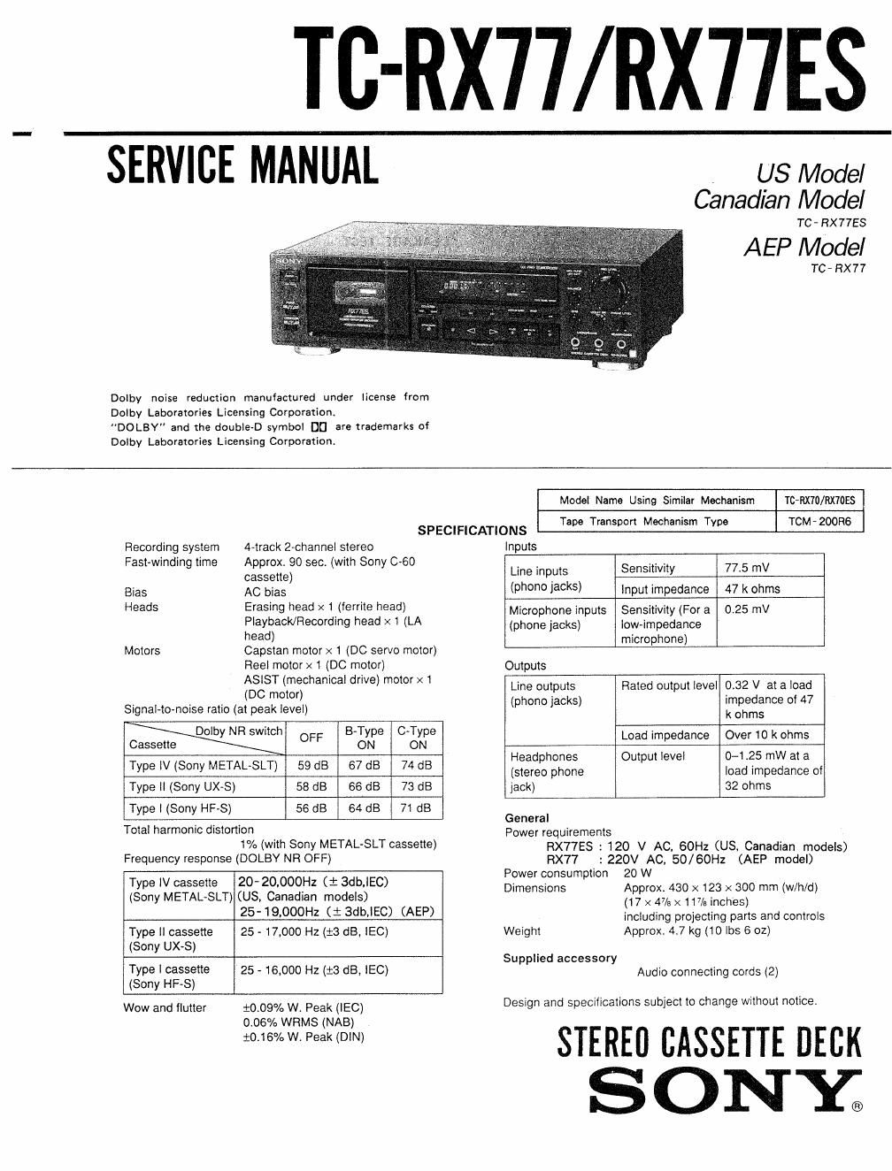 sony tc rx 77 service manual
