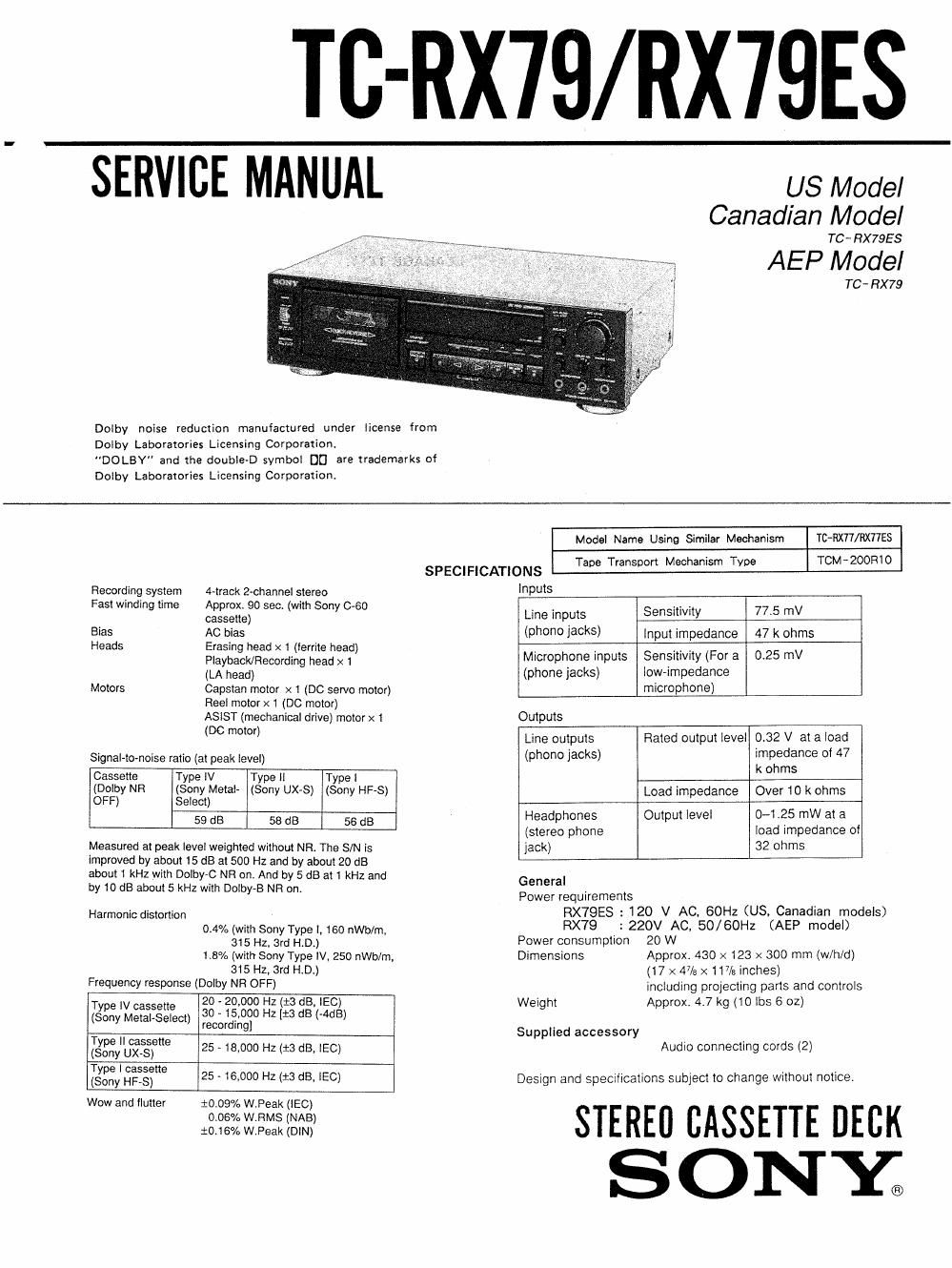 sony tc rx 79 service manual