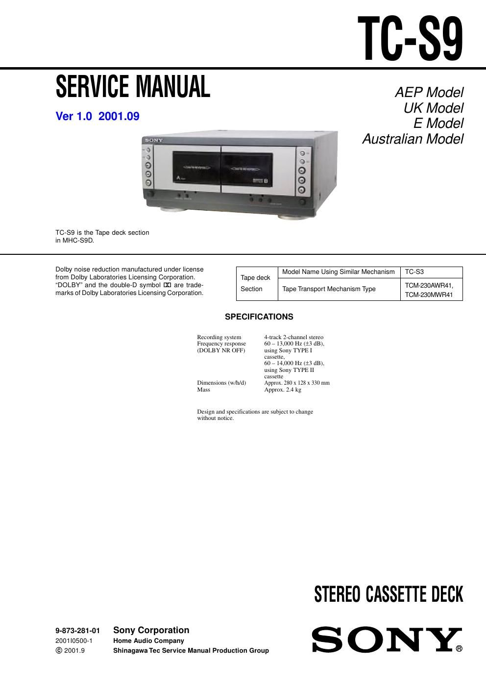 sony tc s 9 service manual