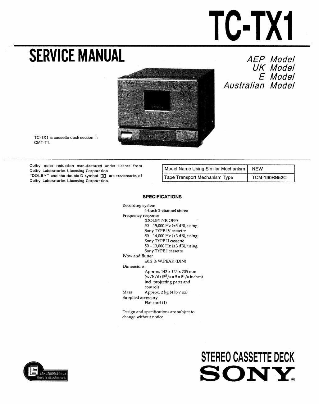 sony tc tx 1 service manual