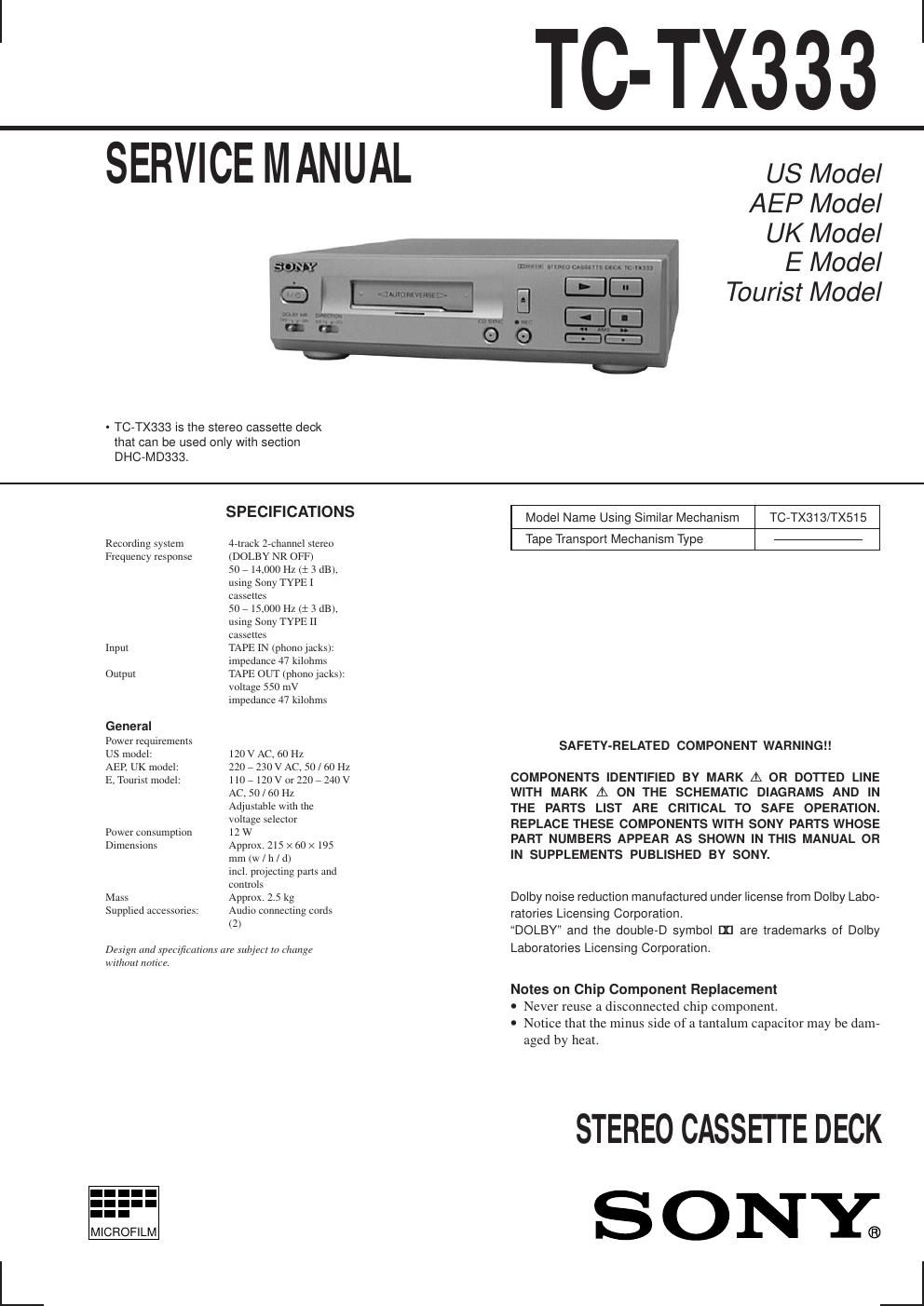 sony tc tx 333 tape service manual
