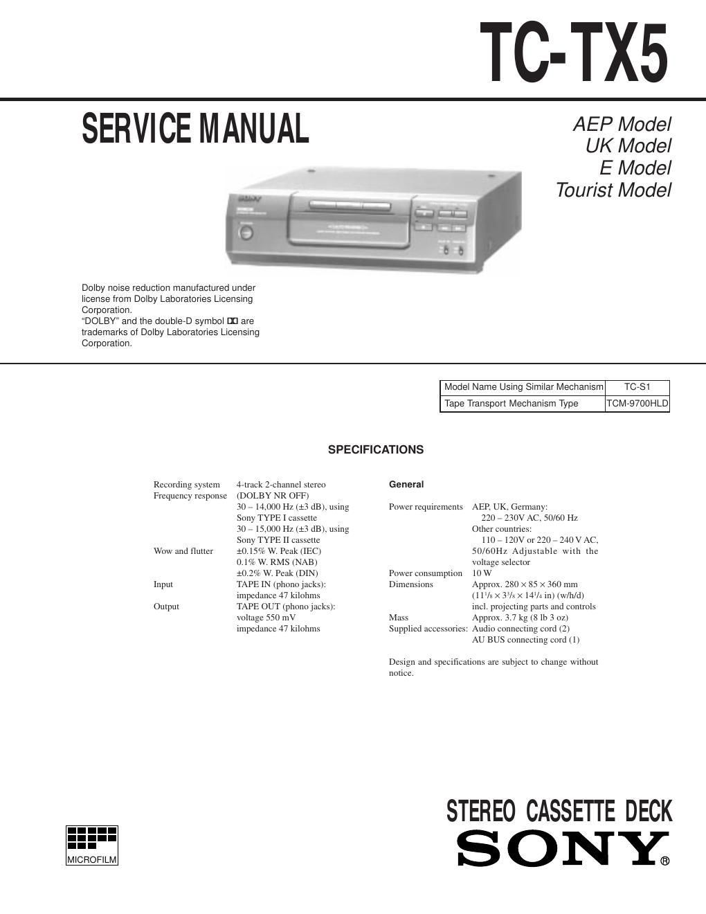 sony tc tx 5 tape service manual