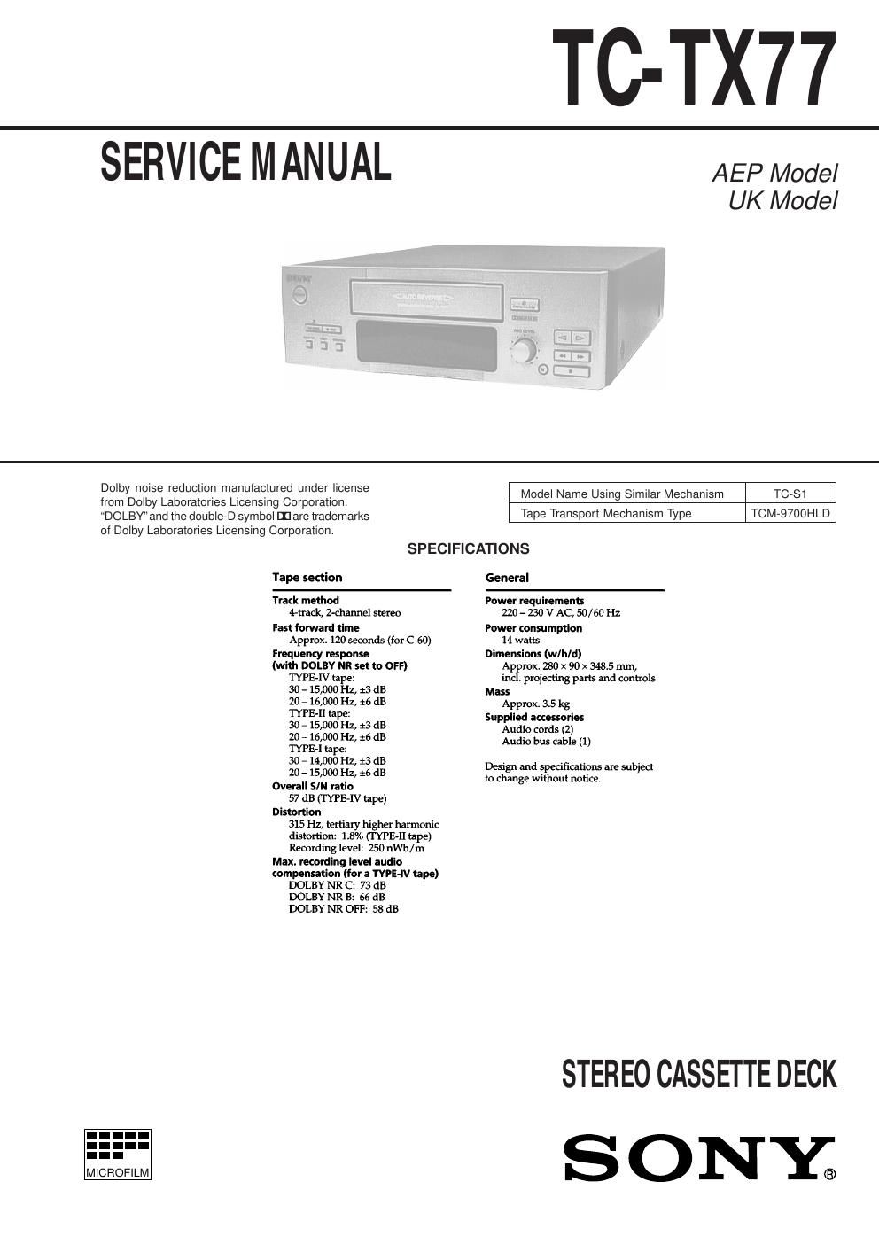 sony tc tx 77 tape service manual