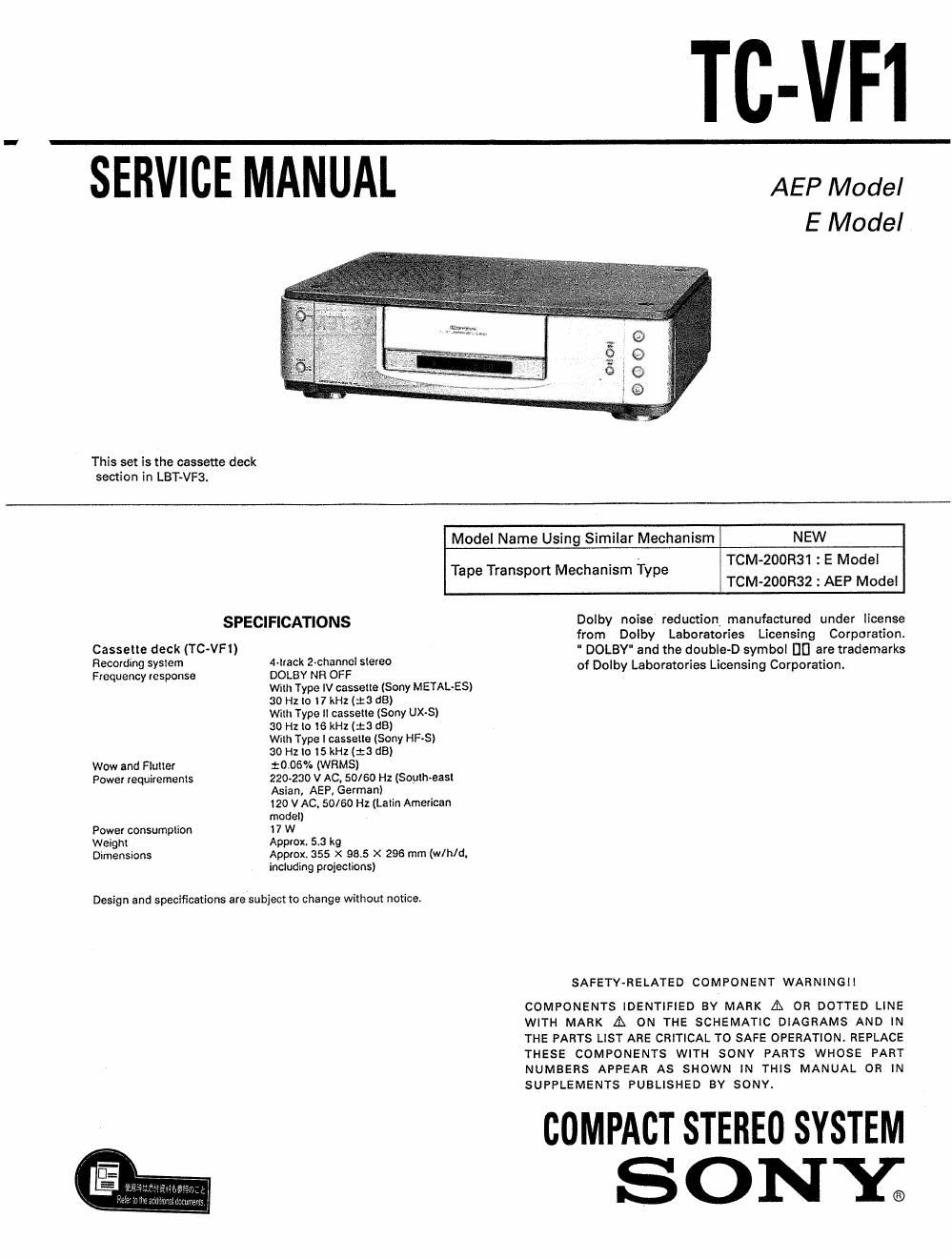 sony tc vf 1 service manual