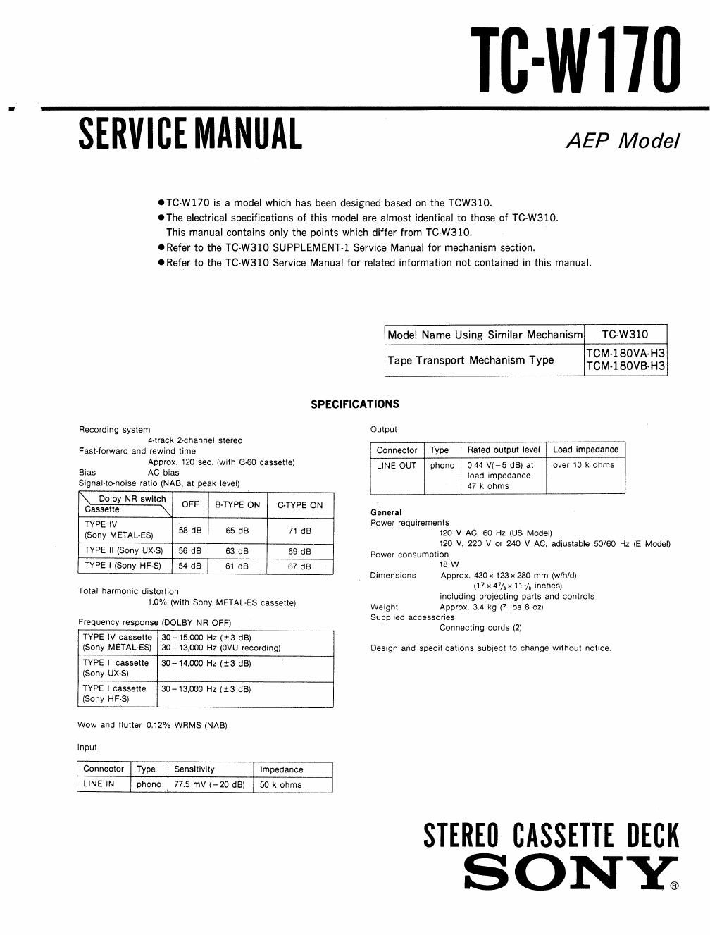 sony tc w 170 service manual