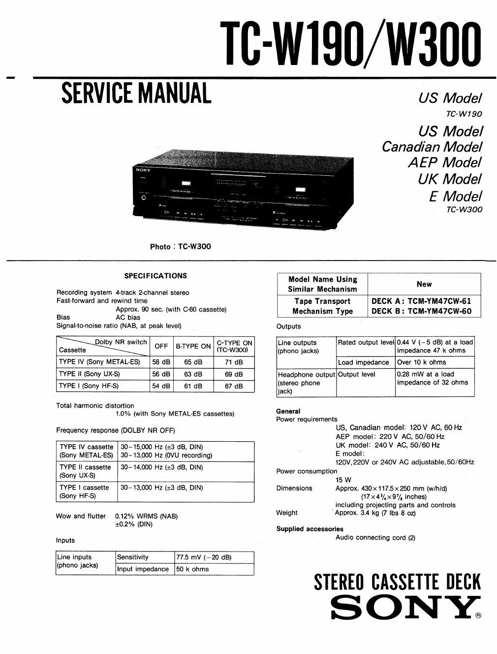 sony tc w 190 service manual