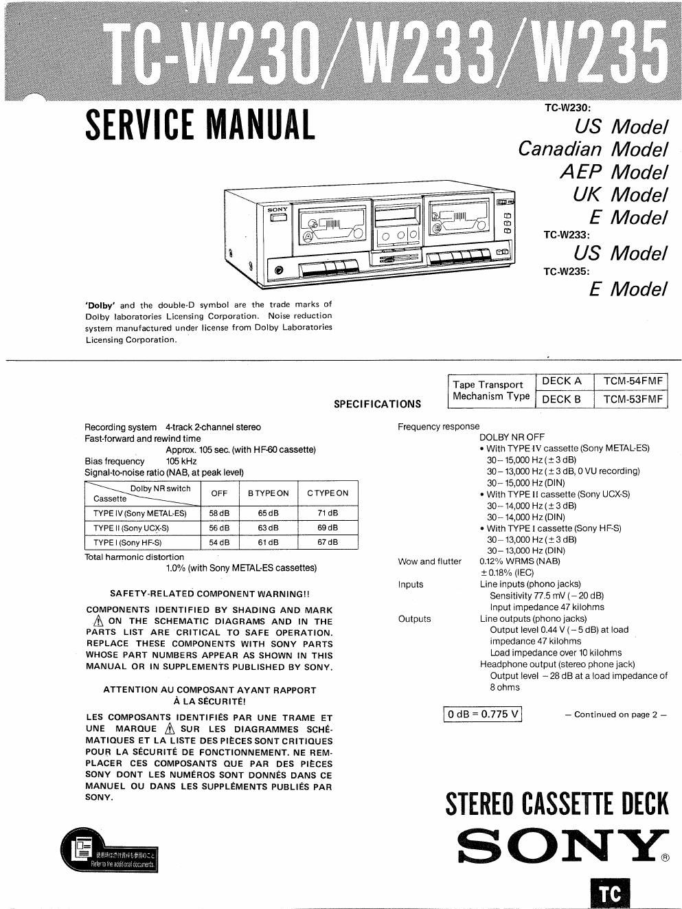 sony tc w 230 service manual