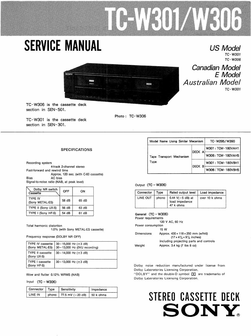 sony tc w 306 service manual