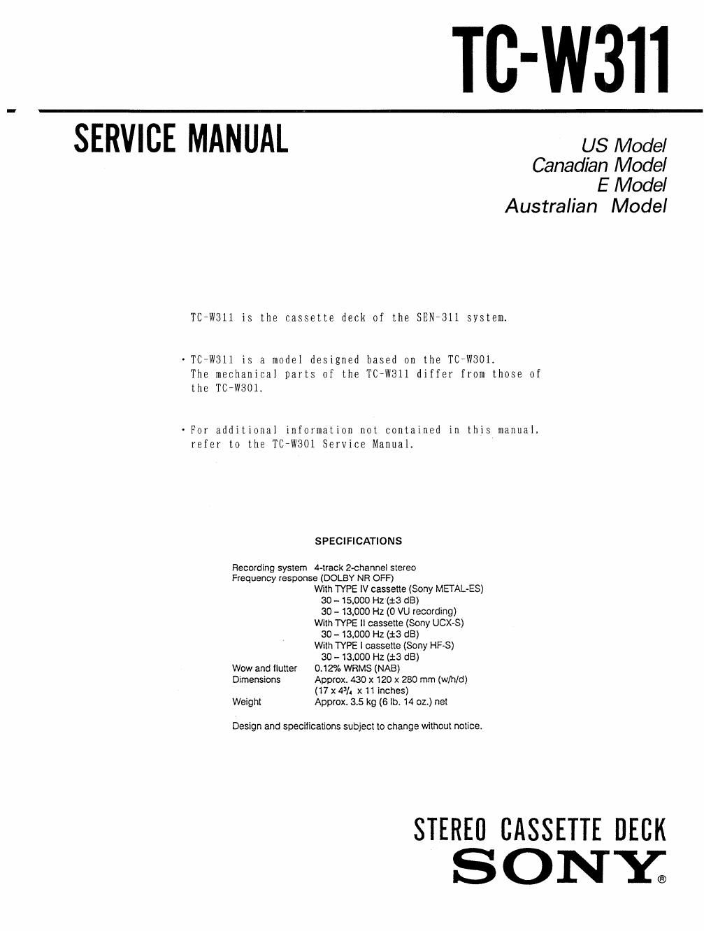sony tc w 311 service manual