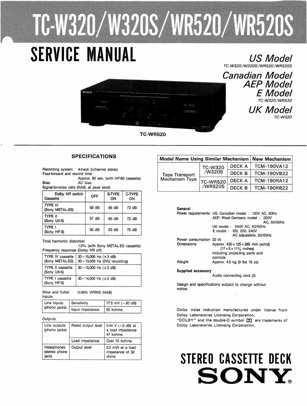 sony tc w 320 service manual