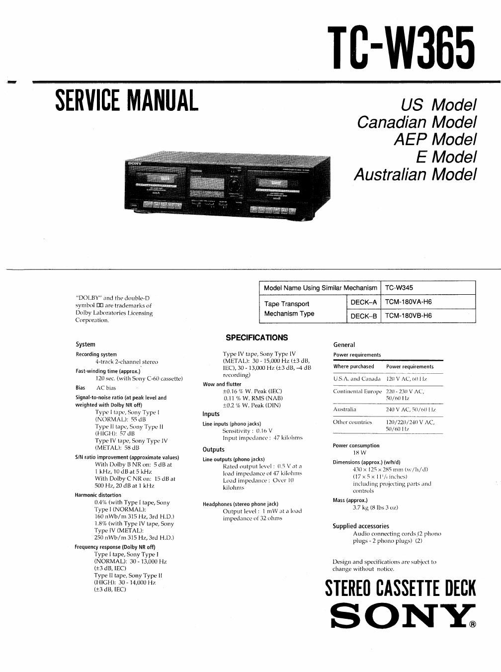 sony tc w 365 service manual