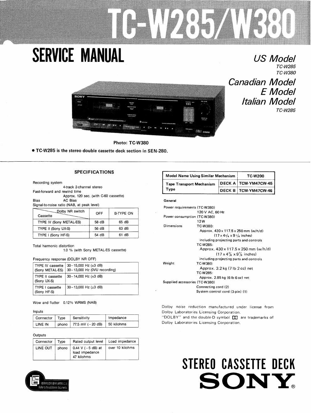 sony tc w 380 service manual