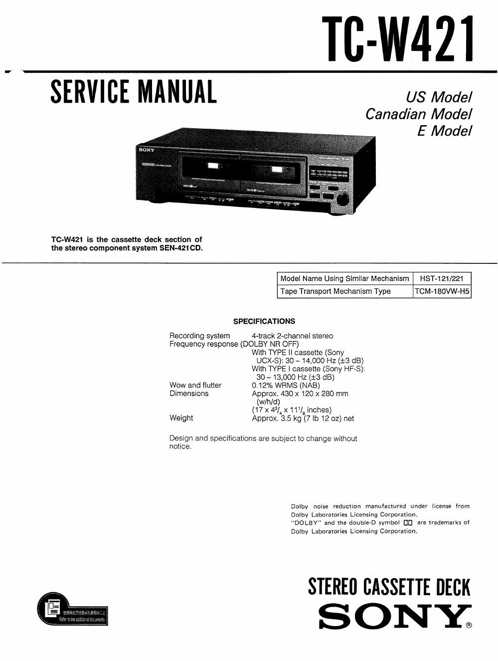 sony tc w 421 service manual