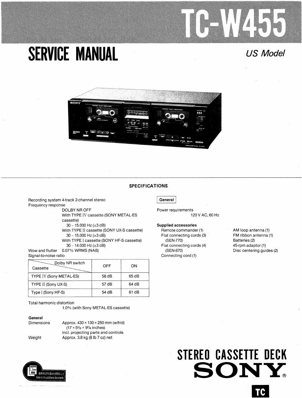 sony tc w 455 service manual