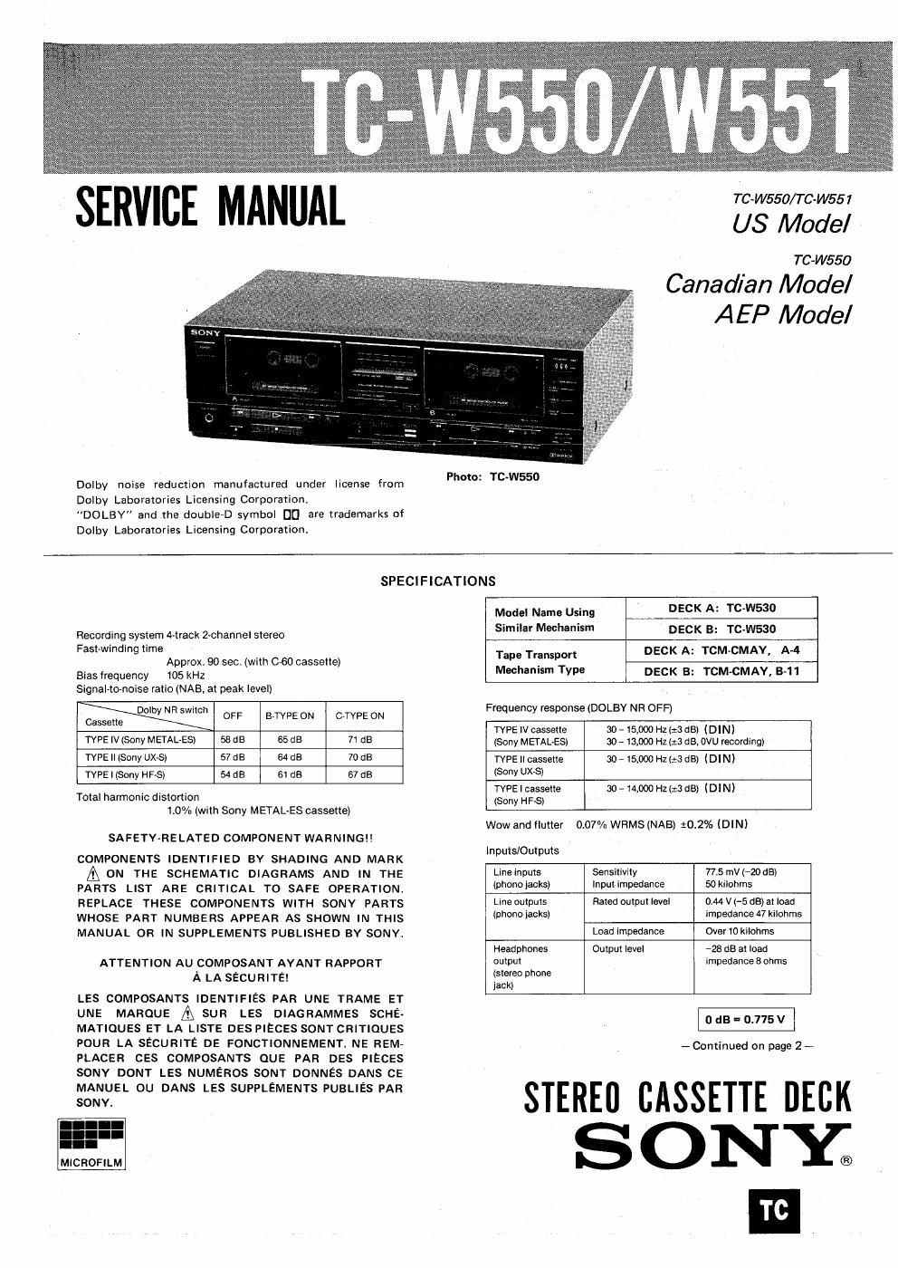 sony tc w 550 service manual