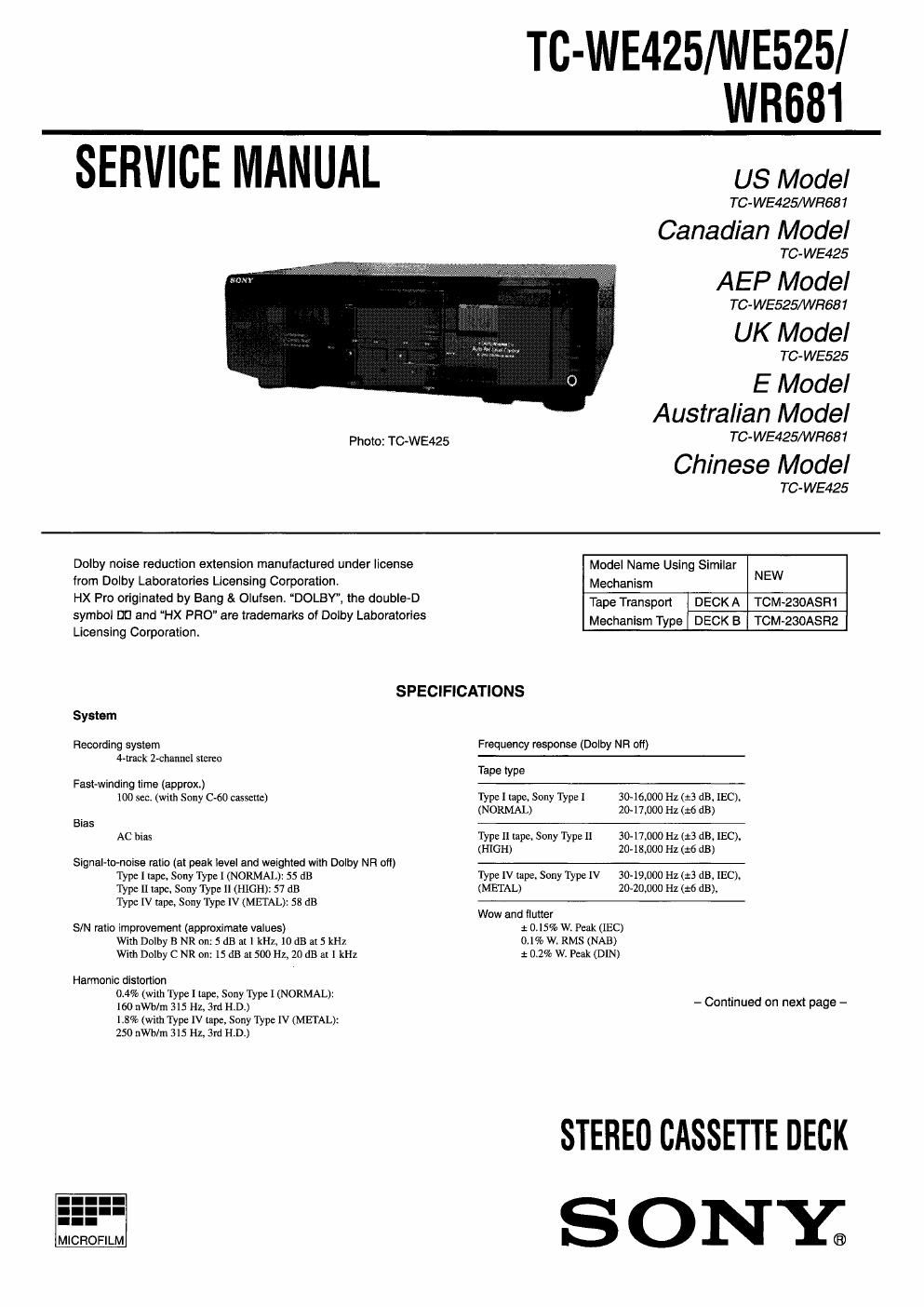 sony tc we 425 service manual