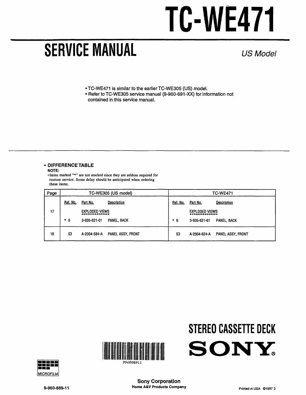 sony tc we 471 service manual