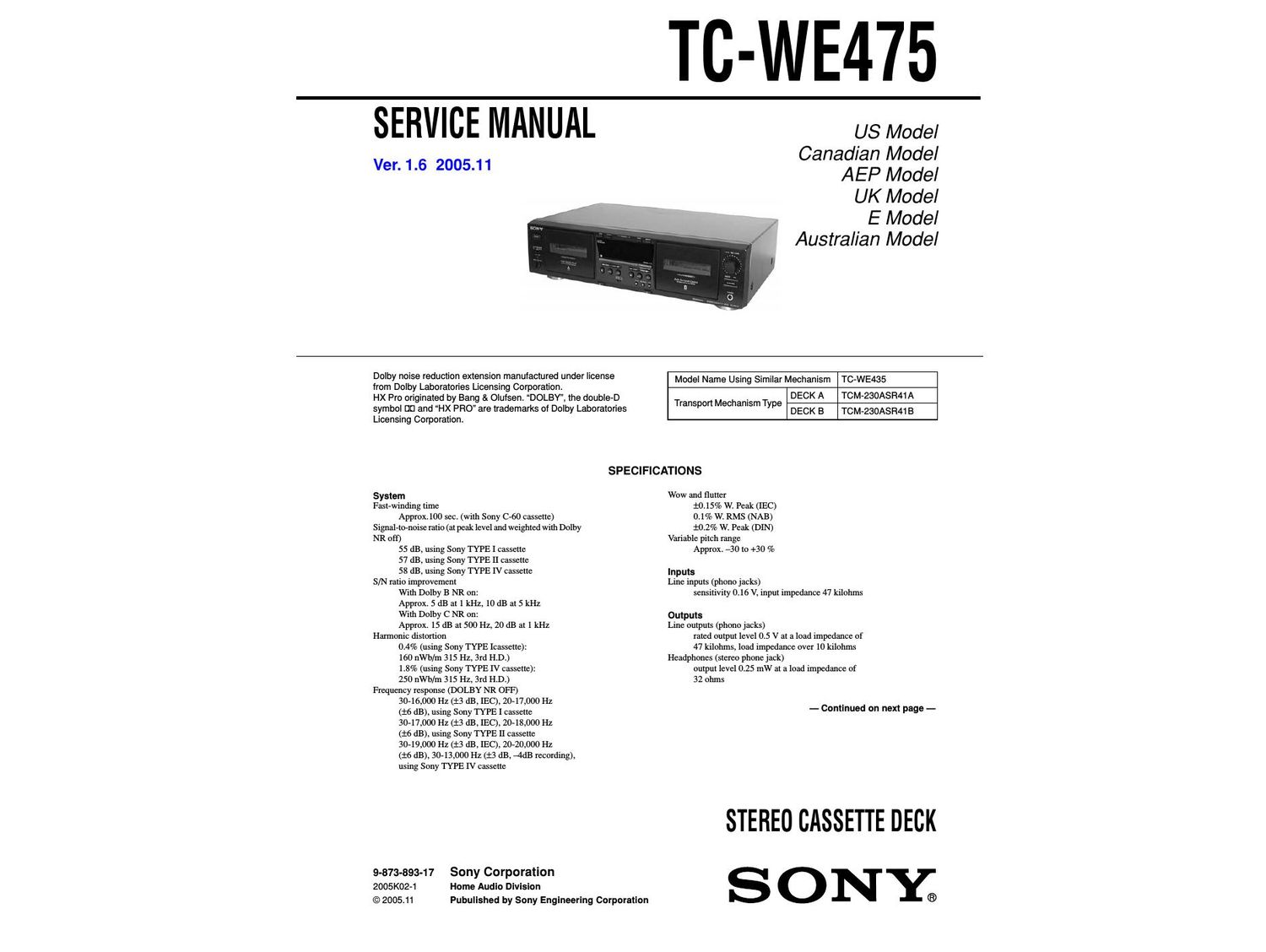 sony tc we 475 service manual