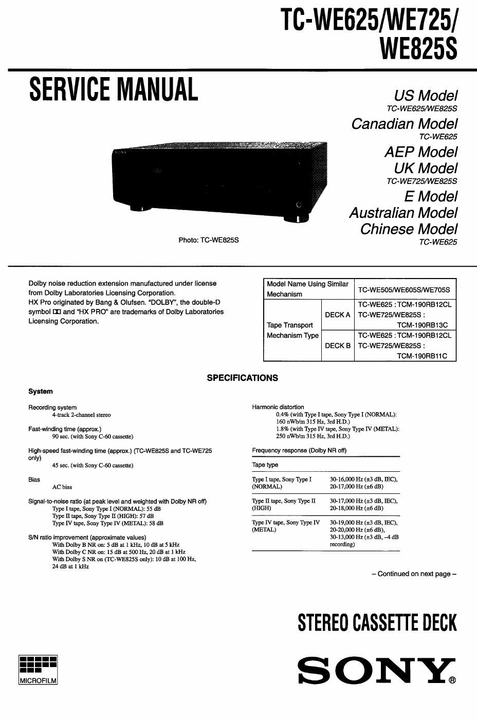 sony tc we 625 service manual