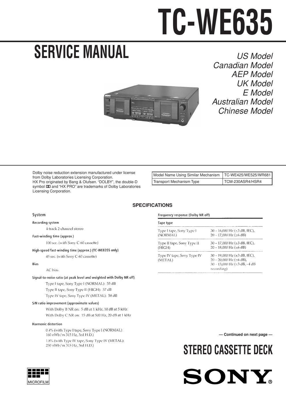 sony tc we 635 service manual