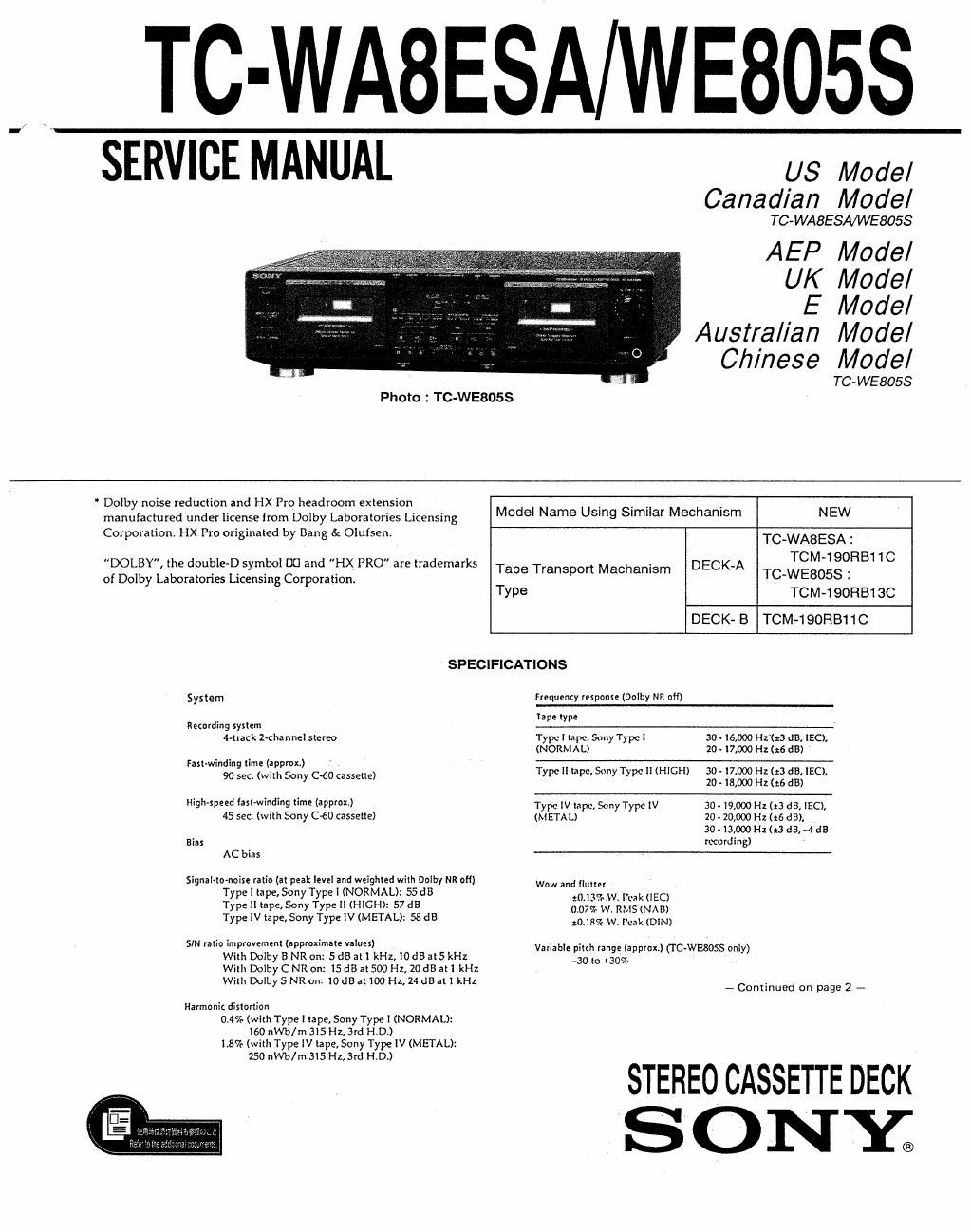 sony tc we 805 s service manual
